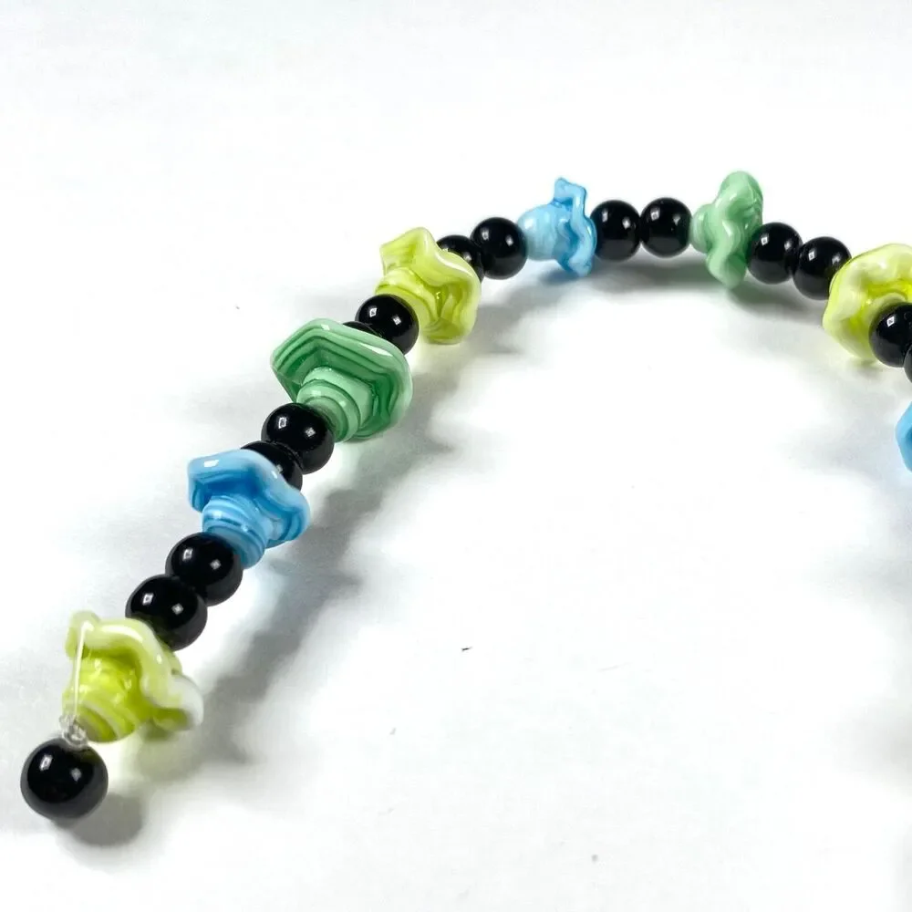 Bead Treasures Art Glass Beads Flower Jewelry Blue Green Iridescent Metallic Mix